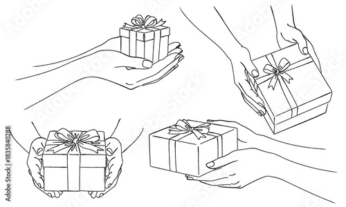 プレゼントボックスを持つ手のイラストセット（ギフト・贈り物）,お祝い,記念日,感謝,リボン,シンプル,ベクター, 線画