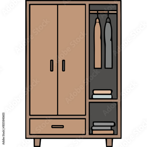 Simple Wooden Wardrobe with Hanging Clothes and Folded Stacked Linens Organized in Shelves with Single Drawer and Minimalist Design