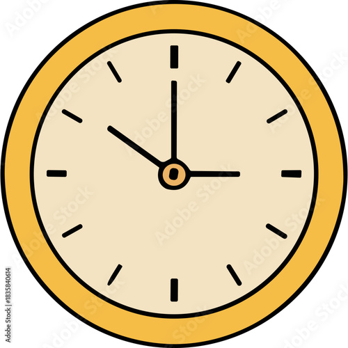 Simple Yellow Clock Face With Black Hour Minute Hands And Second Hand Showing Ten Past Ten On A Cream Colored Dial With Black Hour Markers Isolated On Black Background