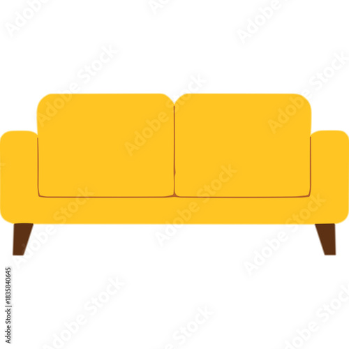 Simple Yellow Two-Seater Sofa with Dark Brown Legs Against a Black Background Minimalist Design