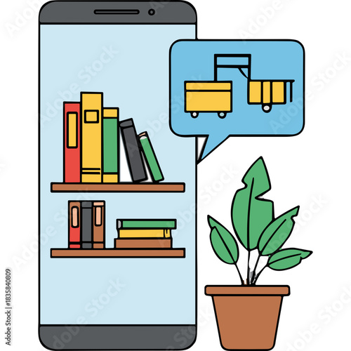 Smartphone screen displays bookshelf with colorful books and a speech bubble containing a shopping cart icon symbolizing online book ordering and delivery services with a potted plant nearby.