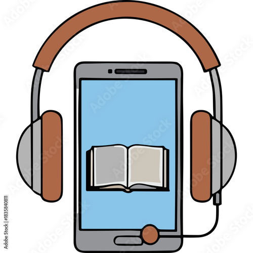 Smartphone With Open Book Displayed And Headphones On Black Background Represents Digital Education And Online Learning