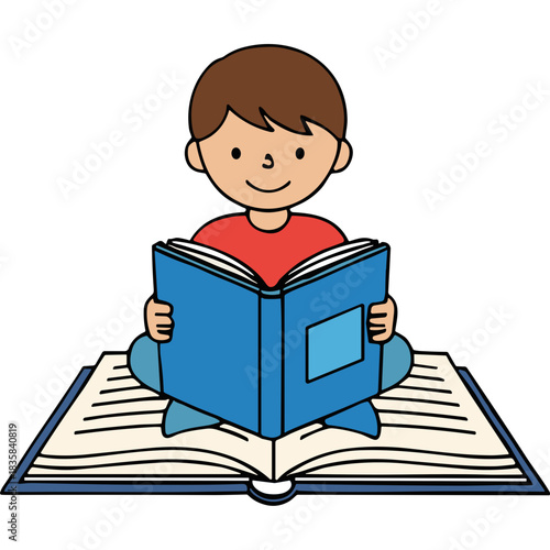 Smiling Boy in Red Shirt Sitting Cross Legged Reading an Open Blue Book with Black Border and White Pages on a Larger Open Book