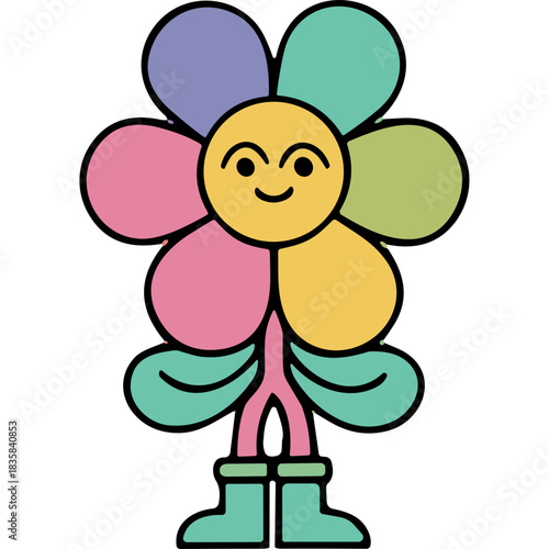 Smiling Cartoon Flower Character With Colorful Petals And Green Boots Standing On A Black Background Cheerful And Playful Design