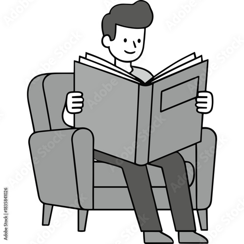 Smiling man with short brown hair wearing a grey t-shirt and dark pants reads a large open book while sitting comfortably in a plush grey armchair on a transparent background