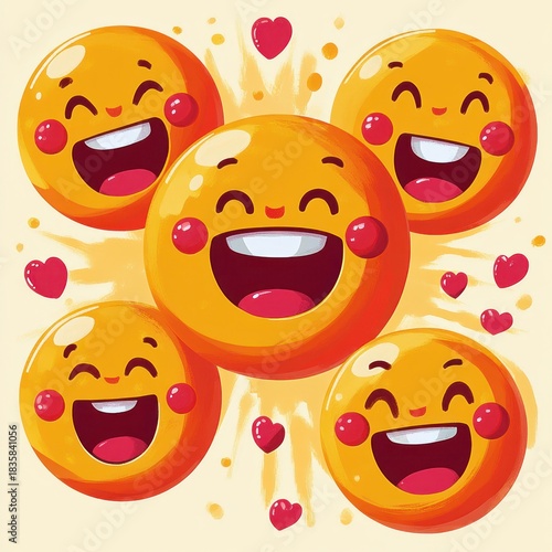 Five bright yellow smiling faces with rosy cheeks laughing joyfully surrounded by small red hearts on a warm background expressing happiness and love