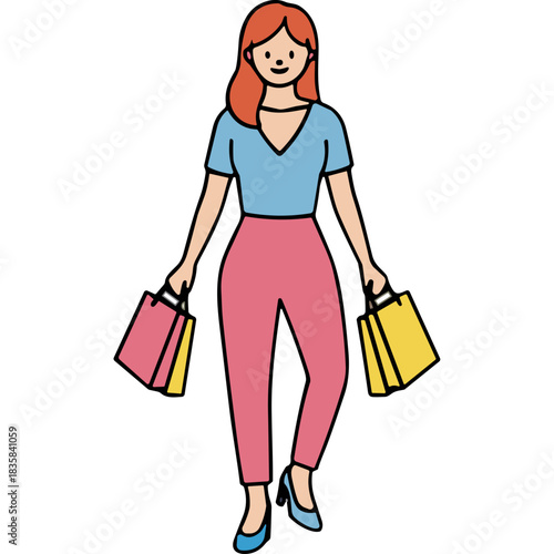 Smiling Red Haired Woman In Blue Top And Pink Pants Carrying Shopping Bags Yellow Pink And Blue On Transparent Background