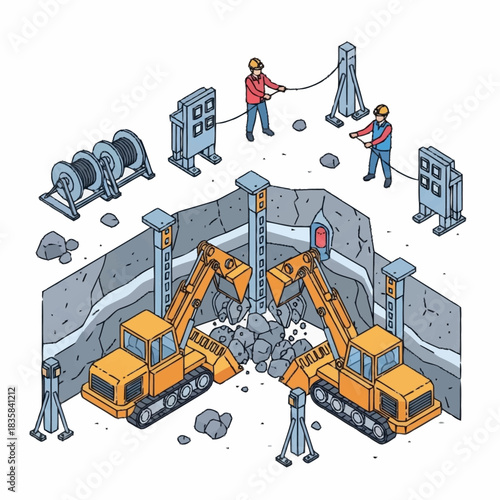 Isometric illustration of a construction site with excavators and workers.