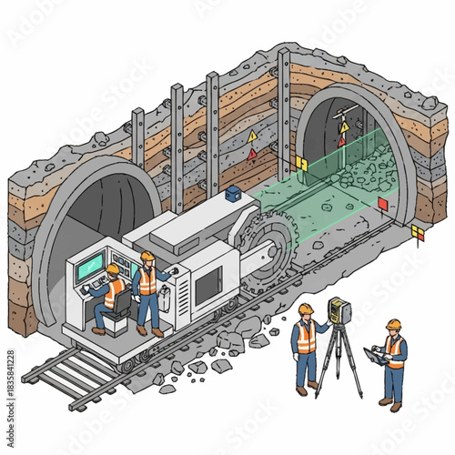 Tunnel Boring Machine and Surveying Team Illustration.