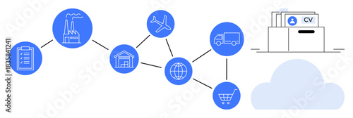 Supply chain through icons manufacturing, transport, and storage. Supply chain integration improves logistics and efficiency. Supply chain management for retail, transport, and production systems