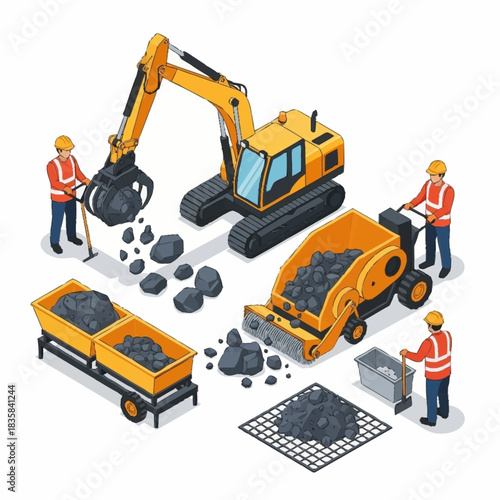 Isometric Mining Operation with Excavator, Workers, and Coal.