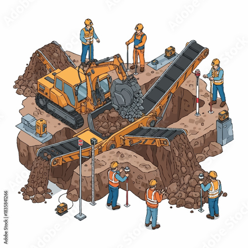 Construction site with heavy machinery and workers actively engaged.