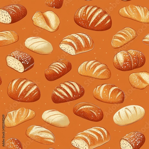 Pattern of various types of fresh bread loaves with different shapes and textures on an orange background