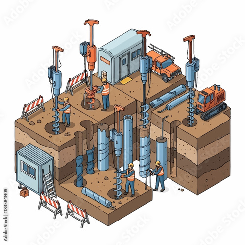 Construction site with drilling machines and workers.