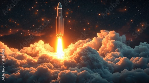 Wallpaper Mural rocket launching through dense clouds at night with bright fiery exhaust and glowing stars in the sky conveying energy and adventure Torontodigital.ca