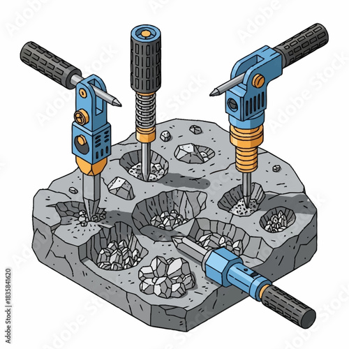 Isometric View of Jackhammers Drilling into Stone Block.