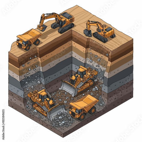 Construction site with heavy machinery excavating earth layers.