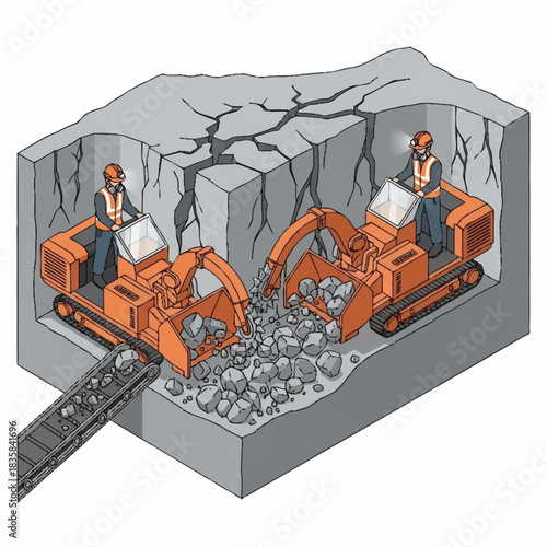 Isometric Illustration of Industrial Rock Sorting Machines at Work.