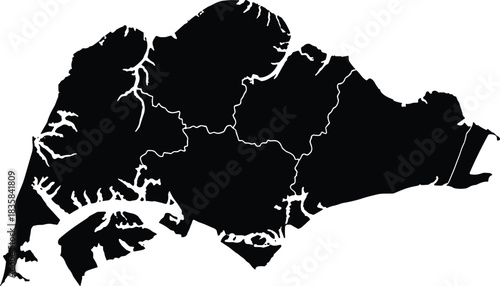 Black Silhouette Map of Singapore Island Vector Illustration Divided into Planning Areas or Regions, Isolated on White Background.