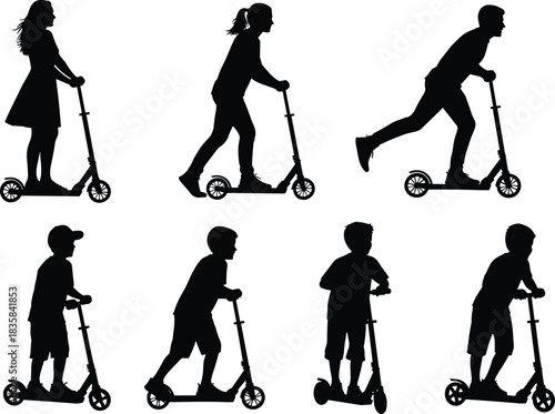 Black Silhouettes of Children, Teenagers, and Adults Riding Kick Scooters Vector Collection for Recreation, Sport, and Transport Design.