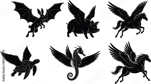 Flying Pig, Jackalope, Winged Turtle, Hippocampus, and Pegasus Fantasy Collection