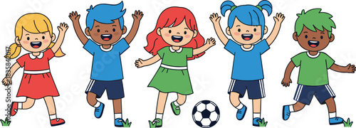 Multicultural Children Running and Cheering, Promoting Friendship and Sports.