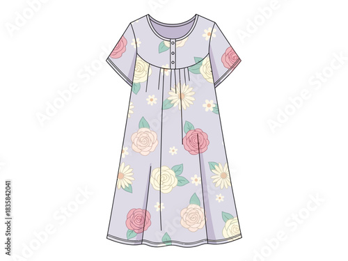 Womens floral print short sleeve nightgown technical drawing.