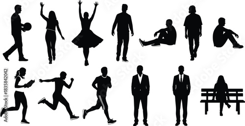People Silhouettes Set of Men and Women Walking Running Sitting and Standing Vector Illustration