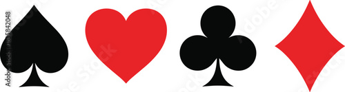 Playing Card Suits Icon Set, Spades Hearts Clubs and Diamonds Vector Symbols for Poker and Casino