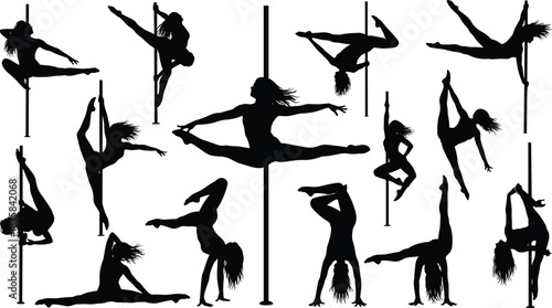 Pole Dance Silhouettes Collection of Athletic Female Acrobats Performing Artistic Fitness Poses Vector Illustration