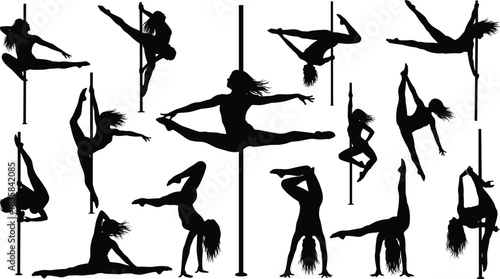 Pole dancing silhouettes vector set of acrobatic women figures posing on pylon for fitness and sport design.