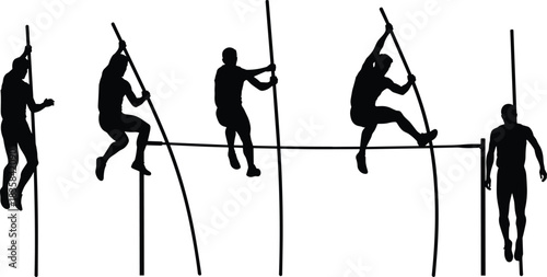 Pole Vault Athlete Silhouettes Set Vector Illustration of Track and Field Sportsman Jumping