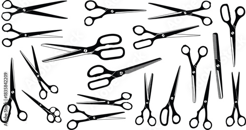Scissors silhouette collection including hairdressing shears, thinning scissors and tailoring tools vector illustration set isolated on white.