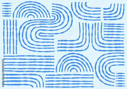 Abstract organic line Pattern background template, A visually abstract design comprising a harmonious arrangement of blue curved and straight lines on a light backdrop.