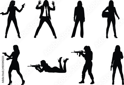 Secret agent woman silhouettes set featuring female spies with pistols and rifles in various action poses.