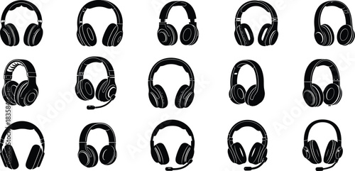 Set of Audio Headphone and Gaming Headset Vector Silhouettes Featuring Microphone Icons in Black and White Design Style