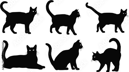 Set of black cat silhouettes vector domestic pet animal figures walking sitting and lying isolated on white background