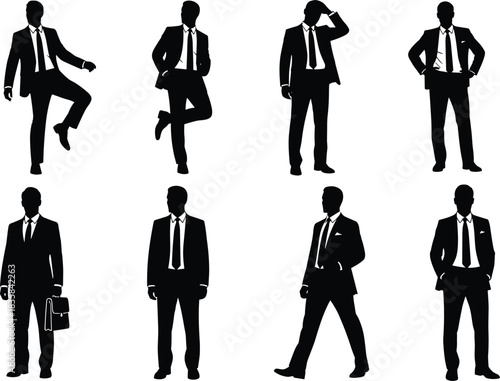 Set of black businessman silhouettes wearing suits and ties in various standing poses isolated on white background vector.
