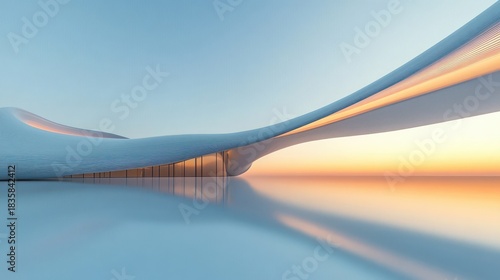 Wallpaper Mural futuristic smooth white architectural structure with curved elongated form reflecting on glossy surface at sunset under a clear sky Torontodigital.ca