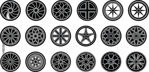 Set of Car Wheel Rim Vector Icons Featuring Alloy Tire and Hubcap Designs in Black and White Style