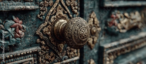 Ornate gold door handle on a weathered blue/grey detailed wooden door