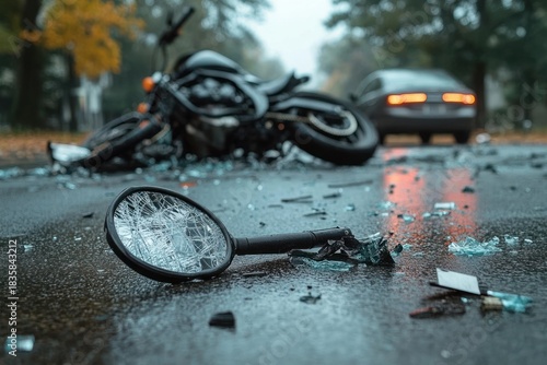 Close-up of a shattered motorcycle mirror and debris on wet asphalt after an accident with a fallen motorcycle and a car in the background during autumn