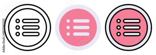 Menu List Button Vector Icon Set in Outline, Colour And Flat Style