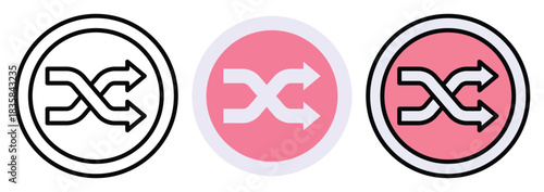 Shuffle Media Button Vector Icon Set in Outline, Colour And Flat Style