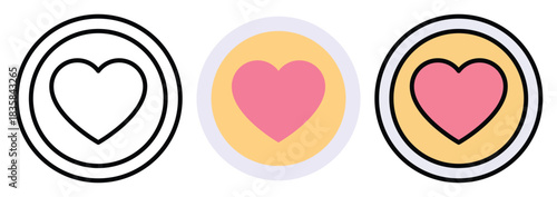 Heart Love Favourite Button Vector Icon Set in Outline, Colour And Flat Style