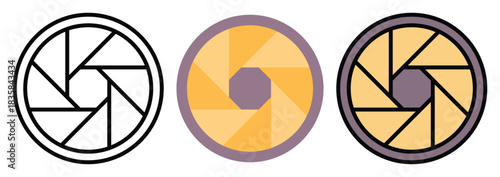 Camera Shutter Vector Icon Set in Outline, Colour And Flat Style