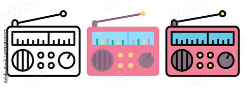 Radio Vector Icon Set in Outline, Colour And Flat Style