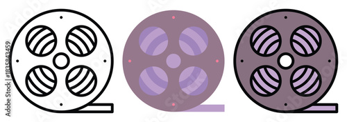 Film Reel Vector Icon Set in Outline, Colour And Flat Style