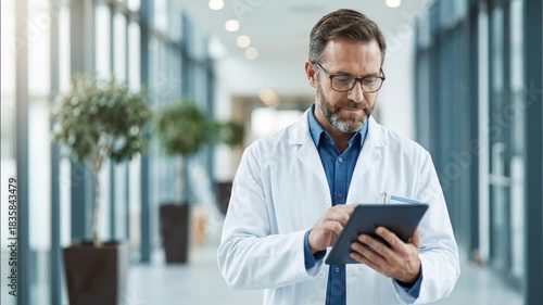 Male doctor using digital tablet in bright modern hospital corridor, concept of digital healthcare, telemedicine and medical technology