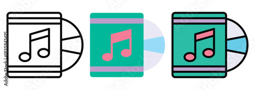 DVD Disc Vector Icon Set in Outline, Colour And Flat Style